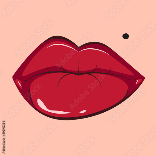 Hot lips with birthmark vector illustration. Lips kiss. Sexy red lipstick. Vector illustration with female mouth