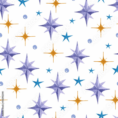 Yellow, purple and blue stars with dots watercolor seamless pattern