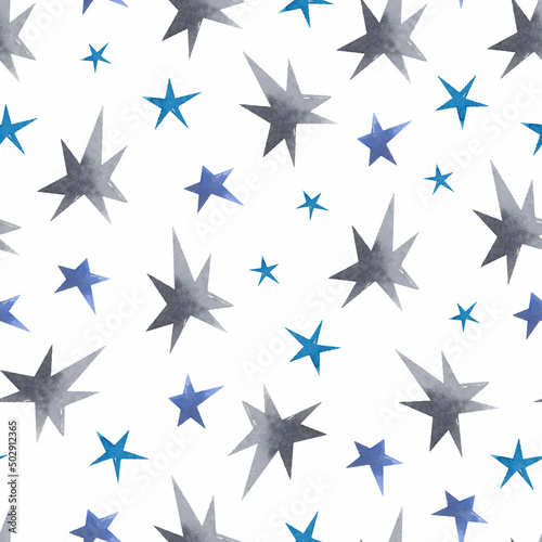 Blue and grey stars and dots watercolor seamless pattern 