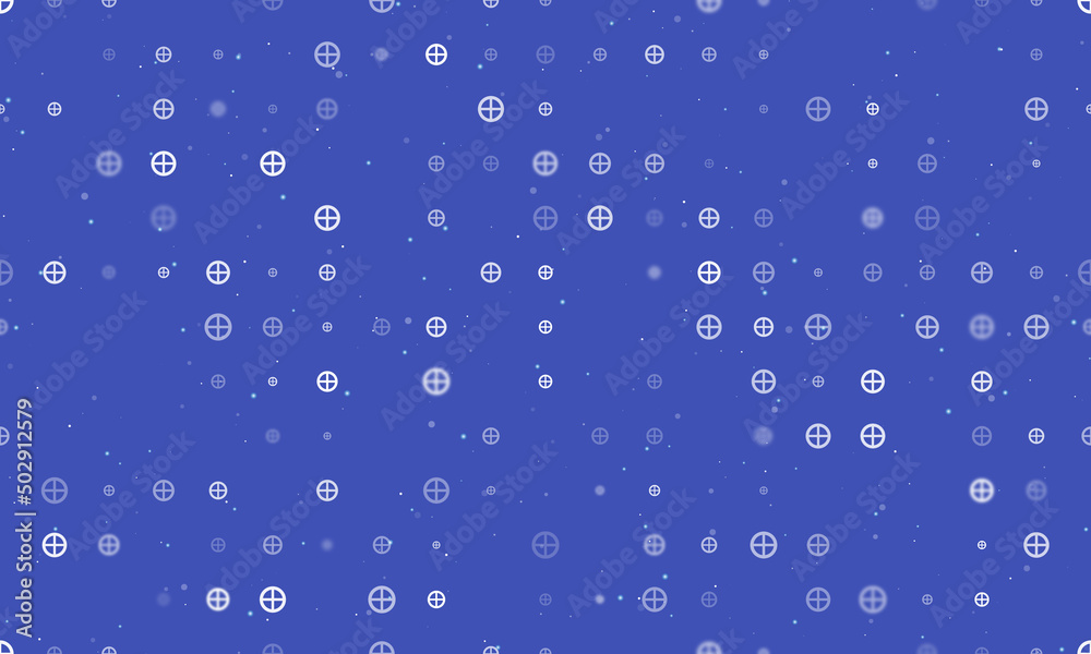 Seamless background pattern of evenly spaced white astrological earth symbols of different sizes and opacity. Vector illustration on indigo background with stars