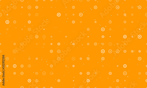 Seamless background pattern of evenly spaced white astrological sun symbols of different sizes and opacity. Vector illustration on orange background with stars