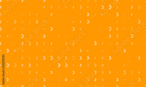 Seamless background pattern of evenly spaced white moon astrological symbols of different sizes and opacity. Vector illustration on orange background with stars