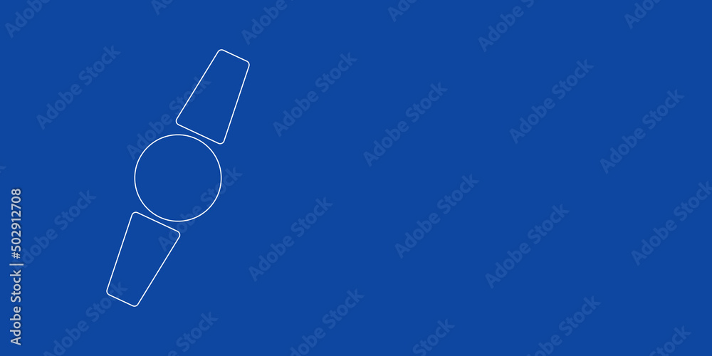 A large white outline wristwatch symbol on the left. Designed as thin white lines. Vector illustration on blue background A large white outline wristwatch symbol on the left. Designed as thin white lines. Vector illustration on blue background