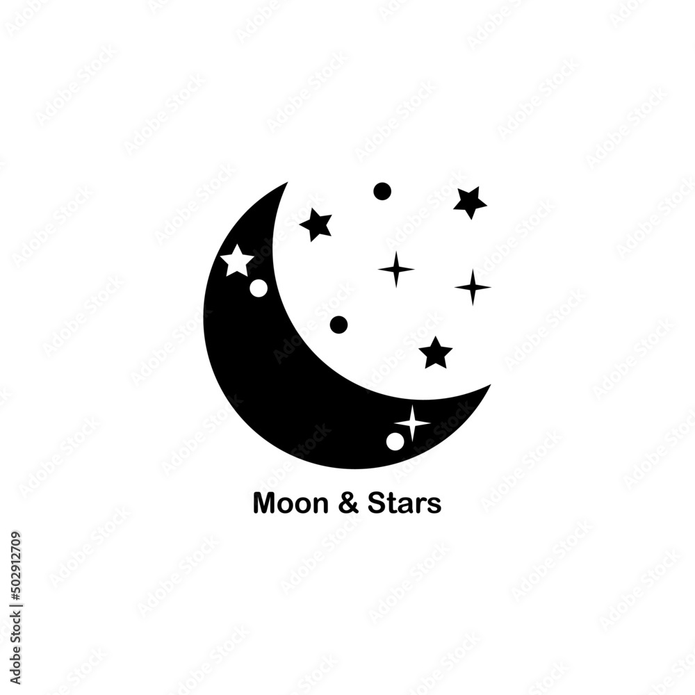 Crescent moon and stars magic boho tattoo black icon flat vector design. Crescent moon and stars magic boho tattoo black icon flat vector design.