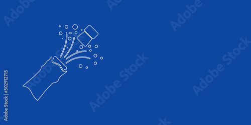 A large white outline champagne opening symbol on the left. Designed as thin white lines. Vector illustration on blue background