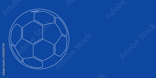 A large white outline football symbol on the left. Designed as thin white lines. Vector illustration on blue background