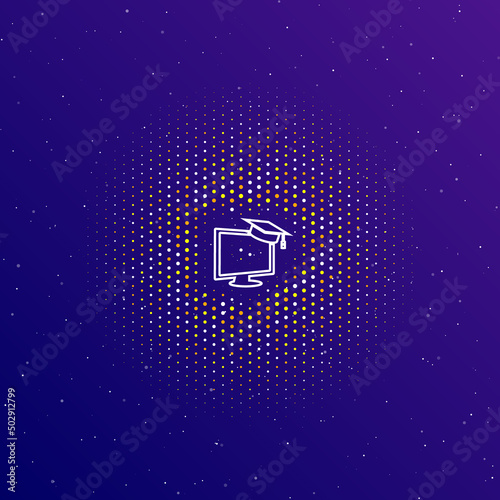 A large white contour distance learning symbol in the center, surrounded by small dots. Dots of different colors in the shape of a ball. Vector illustration on dark blue gradient background with stars