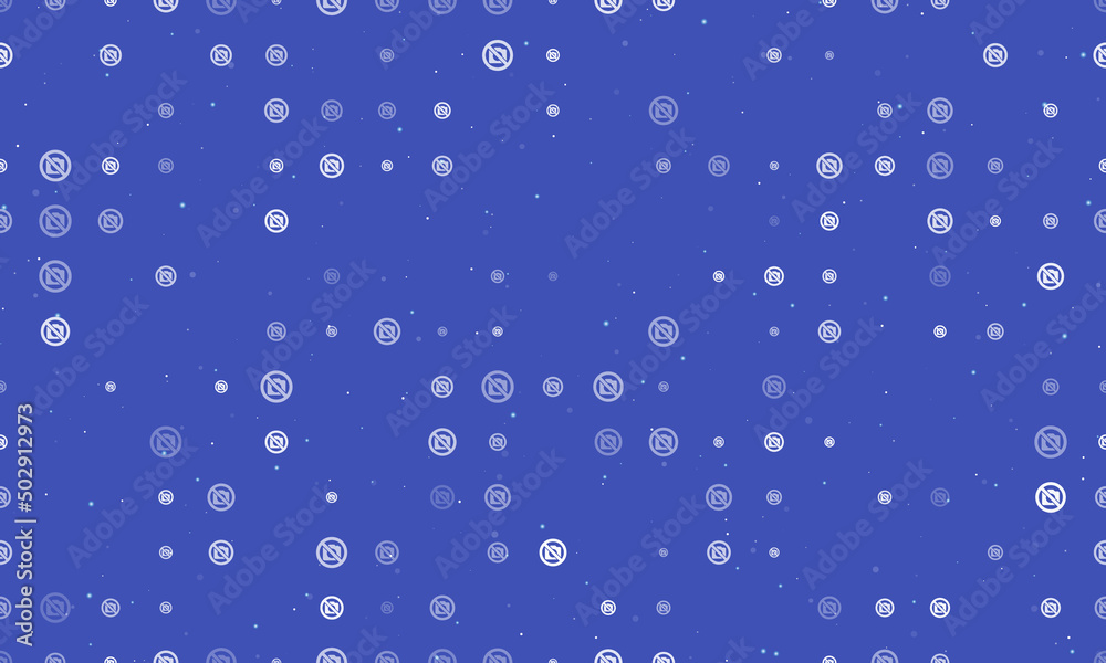 Seamless background pattern of evenly spaced white no photo symbols of different sizes and opacity. Vector illustration on indigo background with stars