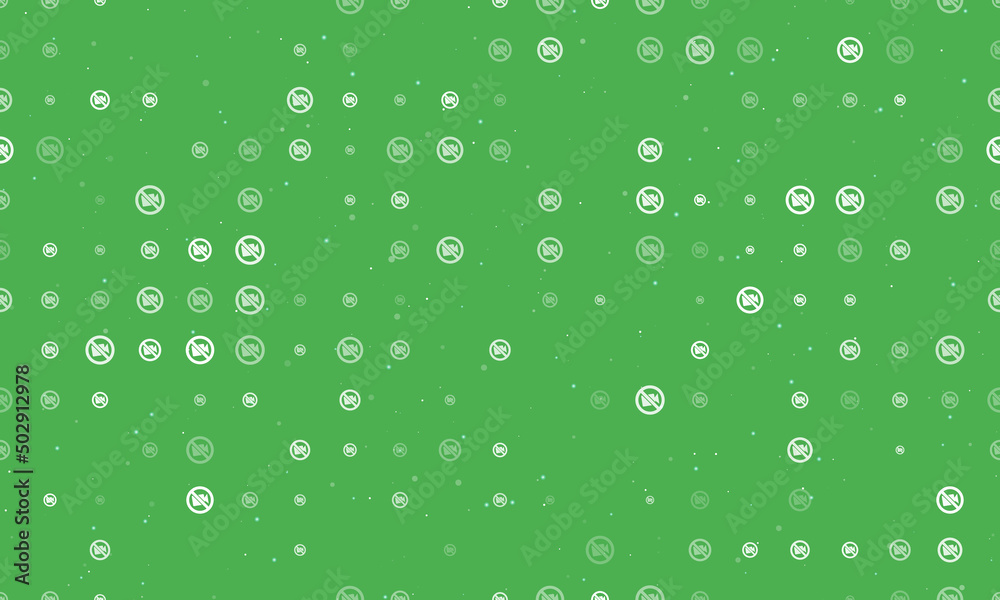 Seamless background pattern of evenly spaced white no video symbols of different sizes and opacity. Vector illustration on green background with stars