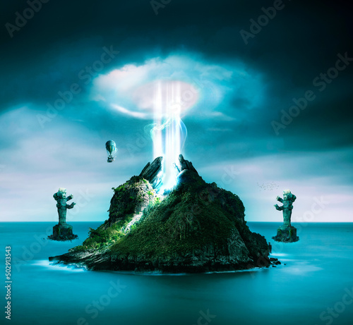 Valokuva Fantasy ancient island landscape erupting with energy