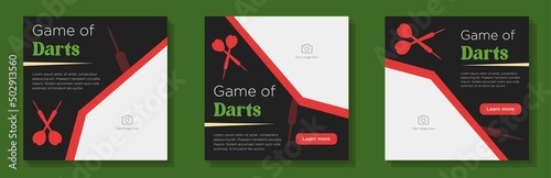Game of darts social media post, banner set, steeltip dart arrows advertisement concept, pub game marketing square ad, abstract print, isolated on background