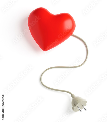 Red heart and wire with plug from socket isolated on white. 3d render