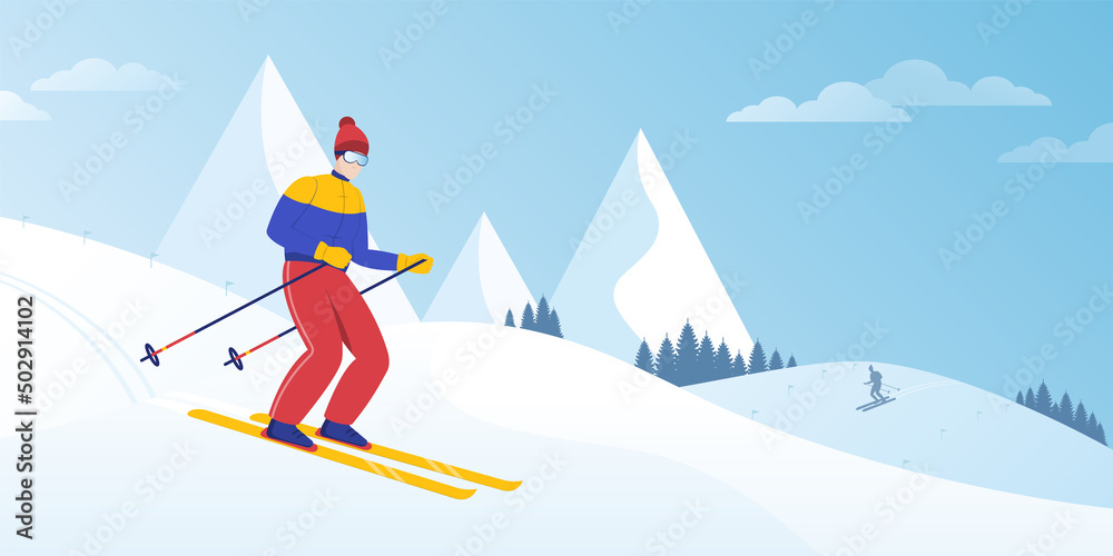 Skier, young man on ski ride down snow slope, hill, downhill in mountain, alps, alpine skiing retro sportsman. Sportsmen, people in ski resort. Winter holiday, vacation activity. Vector illustration