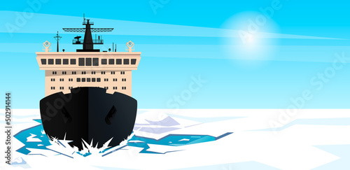 Icebreaker in water, sea, ocean break ice. Black, white ship, boat, liner in Arctic ocean, northern water. marine expedition at North Pole, Antarctic. Clear day sky, sun shines. Vector illustration