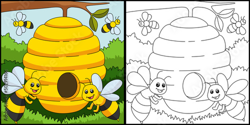Bees Coloring Page Colored Illustration