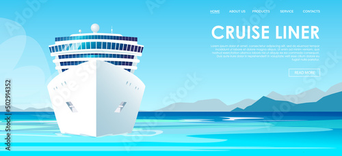 White cruise ship, liner, boat swim at South sea, Pacific, Atlantic ocean. Travel agency, booking voyage tickets concept. Calm good weather day marine, nature landscape, scenery. Vector illustration