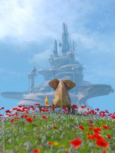Bild auf Leinwand elephant and dog look at the utopian city