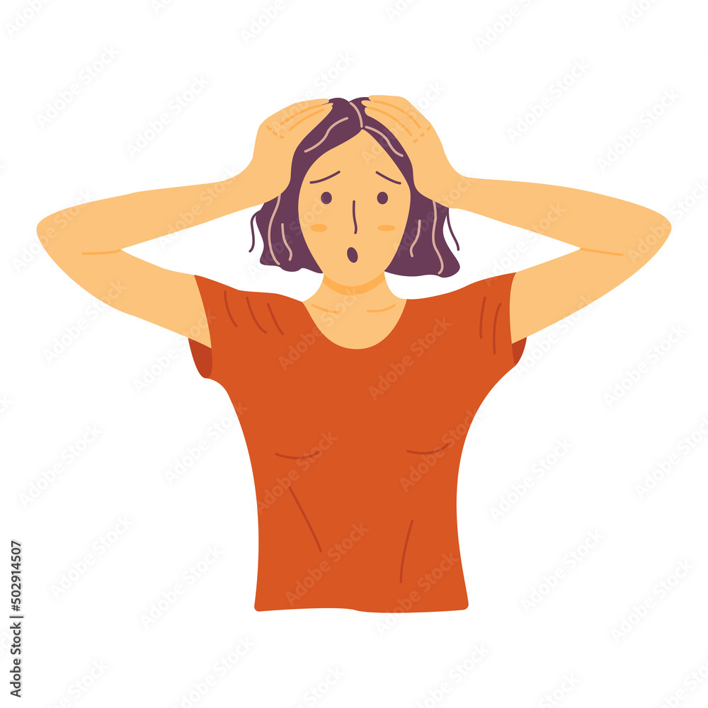 Girl opened her mouth and grabbed her head at what she saw. Colorful vector isolated illustration hand drawn. Fear, amazement or shock. Feelings of despair and hopelessness Girl opened her mouth and grabbed her head at what she saw. Colorful vector isolated illustration hand drawn. Fear, amazement or shock. Feelings of despair and hopelessness