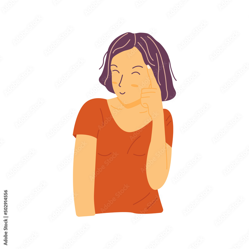 Cheerful young girl with a bob smiles and holds finger to her temple with intention of thinking. Colorful vector isolated illustration hand drawn. Turn on your brain Cheerful young girl with a bob smiles and holds finger to her temple with intention of thinking. Colorful vector isolated illustration hand drawn. Turn on your brain