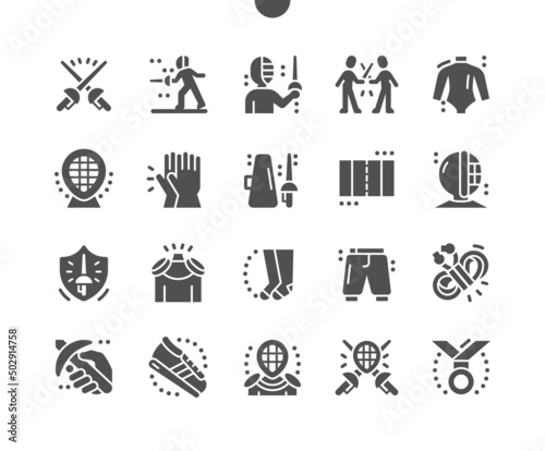 Fencing. Fencing protective clothing. Swordsman, fencer with epee. Competition, defeat, training and tournament. Vector Solid Icons. Simple Pictogram