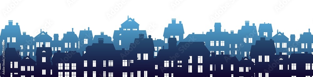 Fog Silhouettes of village houses with windows. Small city houses residential quarters. Isolated on white background. Horizontal seamless composition. Cityscape with buildings. Housing Vector