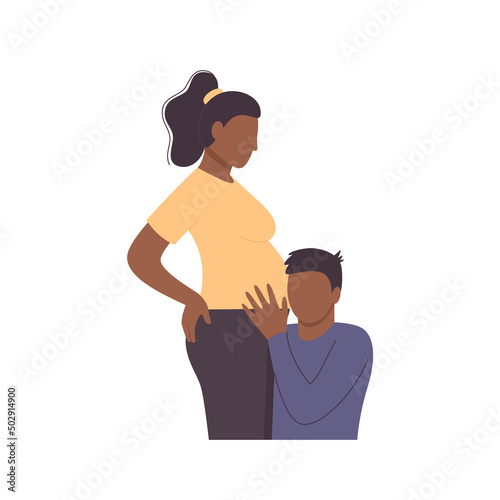 Young African American couple, husband touching his pregnant wife belly expecting baby, listening to the baby's heartbeat
