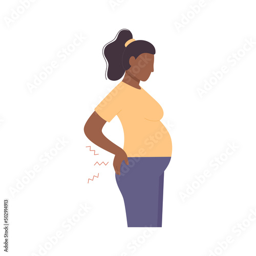 Illustration of african pregnant woman experiencing back pain. She holds her back with one hand. Diseases of pregnancy. Women's consultation, gynecology, pregnancy symptoms