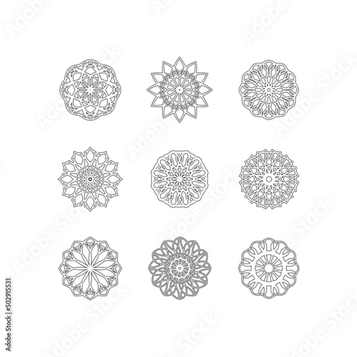 Set of abstract geometric ornaments. Mandala. Floral elements. Decorative symbols. 