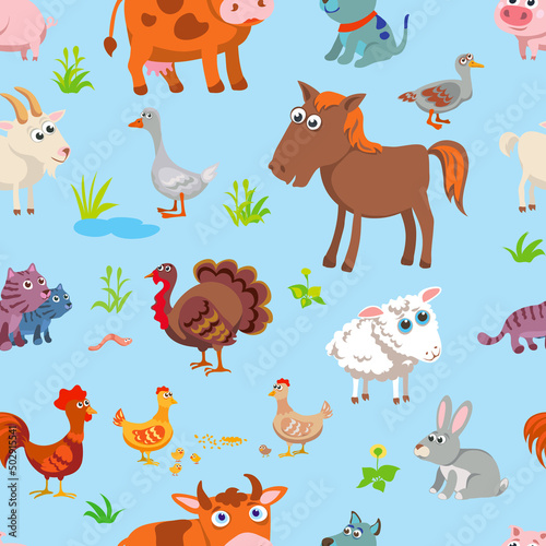 funny village animals, pattern, various poses and situations, drawing, vector, images, cartoon