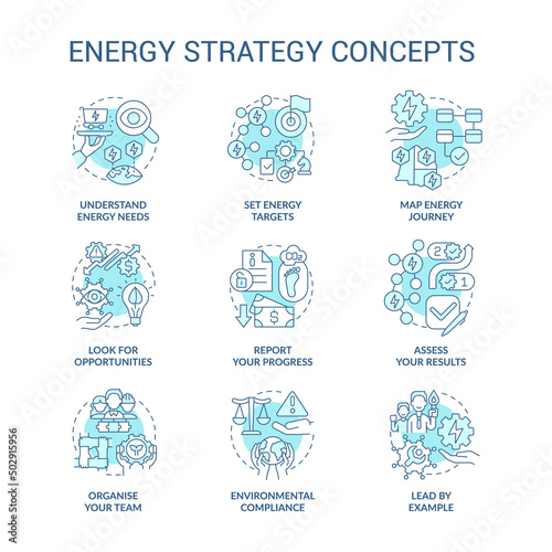 Energy strategy turquoise concept icons set. Managing energy consumption idea thin line color illustrations. Isolated symbols. Editable stroke. Roboto-Medium, Myriad Pro-Bold fonts used