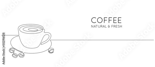 Continuous one line drawing of cup drink with coffee beans. Minimalist icon concept for cafe menu or logo and web banner in simple linear style. Editable stroke. Doodle Vector illustration