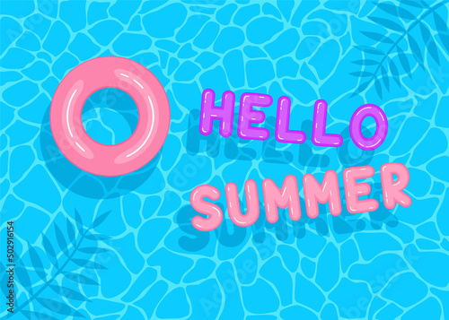 Hello summer. Swimming pool with pink and purple floating inflatable letters and circle. Top view