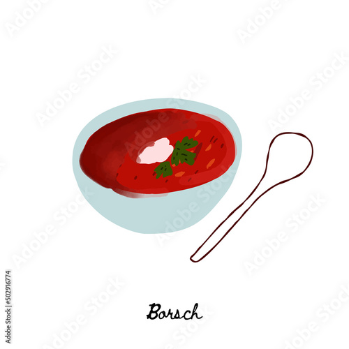 Illustration plate of borsch ukrainian cuisine isolated on white background