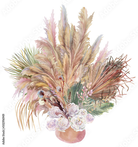 Watercolor vertical bouquet in a boho style vase with white rose flowers with pampas grass dried flowers and dalma sprigs for postcards and interior wall decor isolated on white background photo