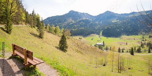 lookout place with bench, Rote Valepp valley, hiking area Spitzing, bavarian spring landscape