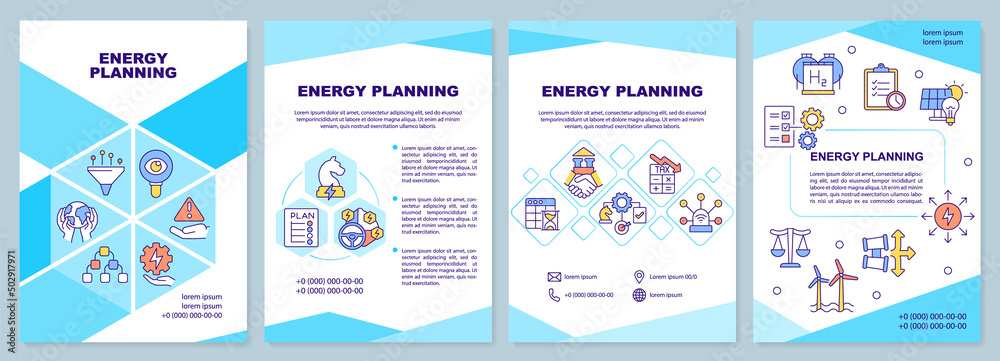 Naklejka premium Energy planning turquoise brochure template. Alternative sources usage. Leaflet design with linear icons. 4 vector layouts for presentation, annual reports. Arial-Black, Myriad Pro-Regular fonts used