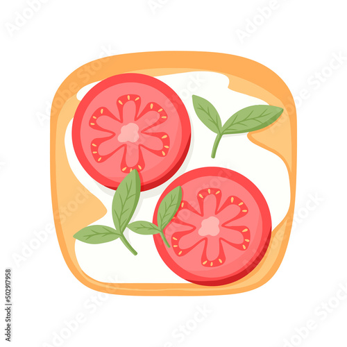 Sandwich with tomato and curd cheese. Vector illustration in cartoon style. Healthy breakfast