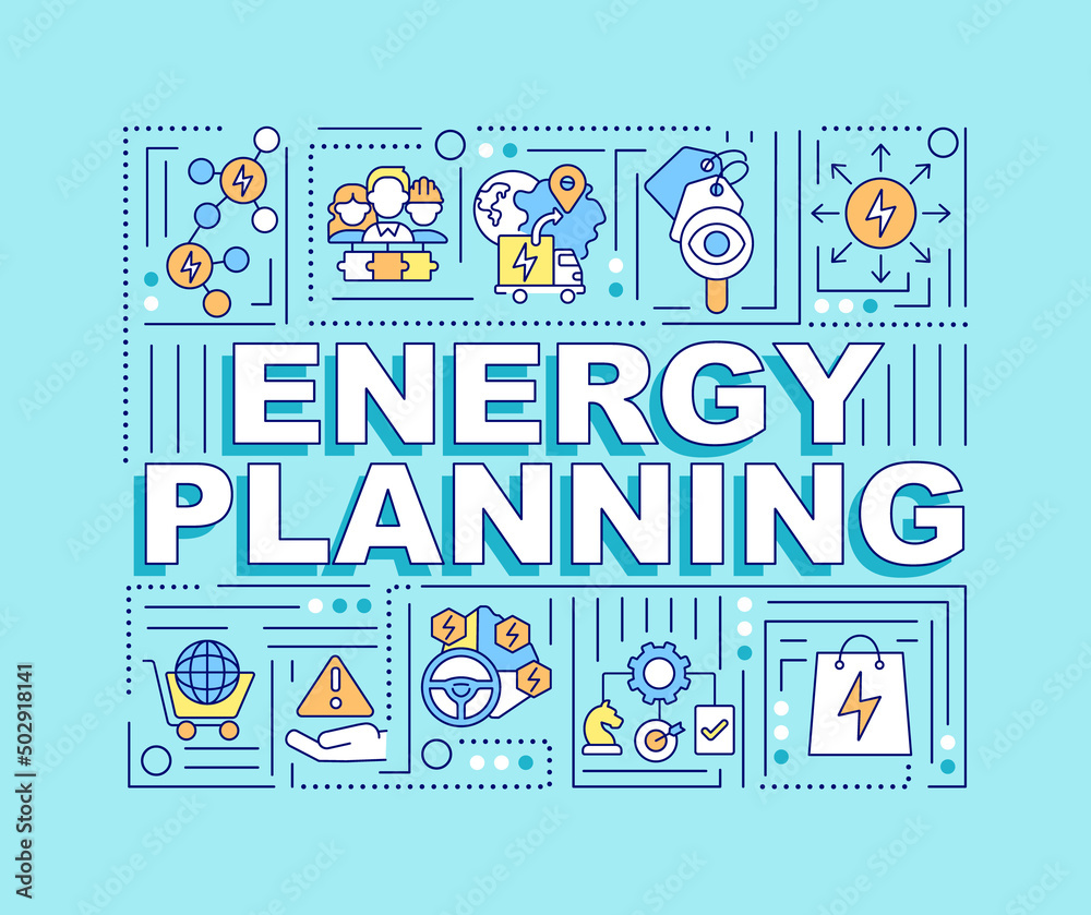 Naklejka premium Energy planning word concepts turquoise banner. Sustainable development. Infographics with icons on color background. Isolated typography. Vector illustration with text. Arial-Black font used