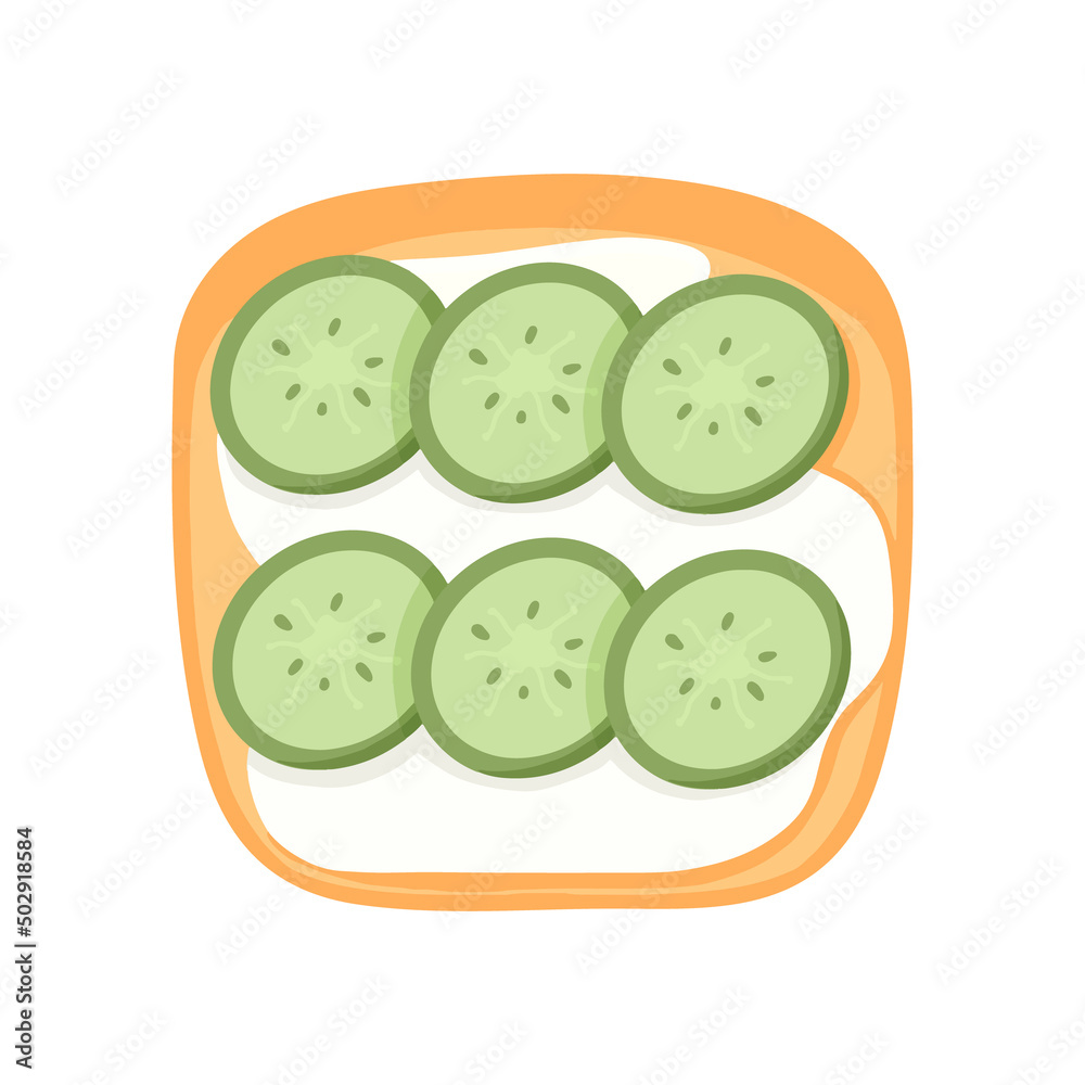 Fototapeta premium Sandwich with Cucumber and curd cheese. Toast with Vegetables. Vegetarian food. Vector illustration in cartoon style. healthy breakfast