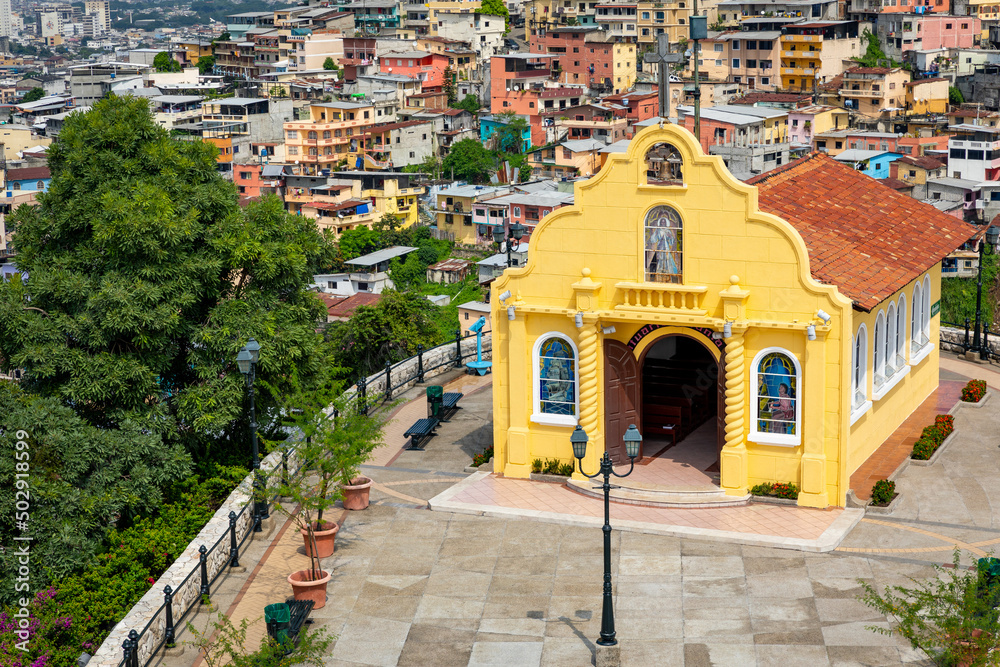 Guayaquil, Church in the city of Guayaquil on Santa Ana Hill. Traditional colonial architecture in second largest city in Ecuador. 