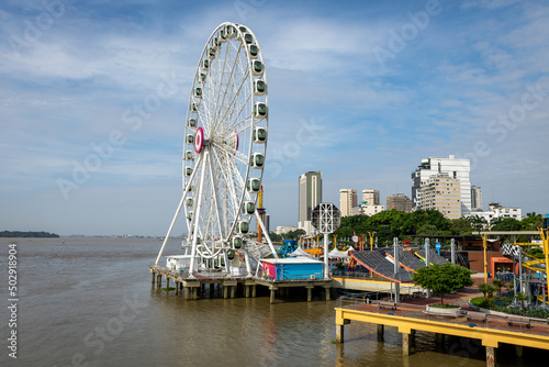 View of the Malecon 2000 and the Guayas River in Guayaquil, second largest city in Ecuador. Popular tourist destination.
