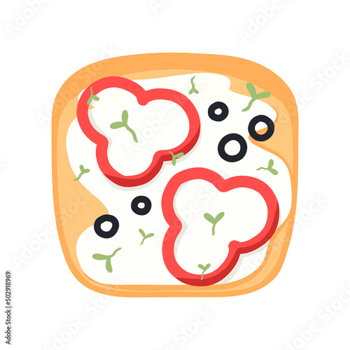Sandwich with peppers, olives and curd cheese. Toast with vegetables. Vegetarian food. Vector illustration in cartoon style. healthy breakfast