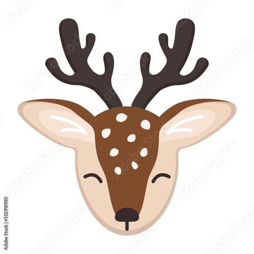 Head of cute deer in childish style with smile muzzle, horns and eyes. Funny wild animal with happy face. Vector flat illustration for holidays