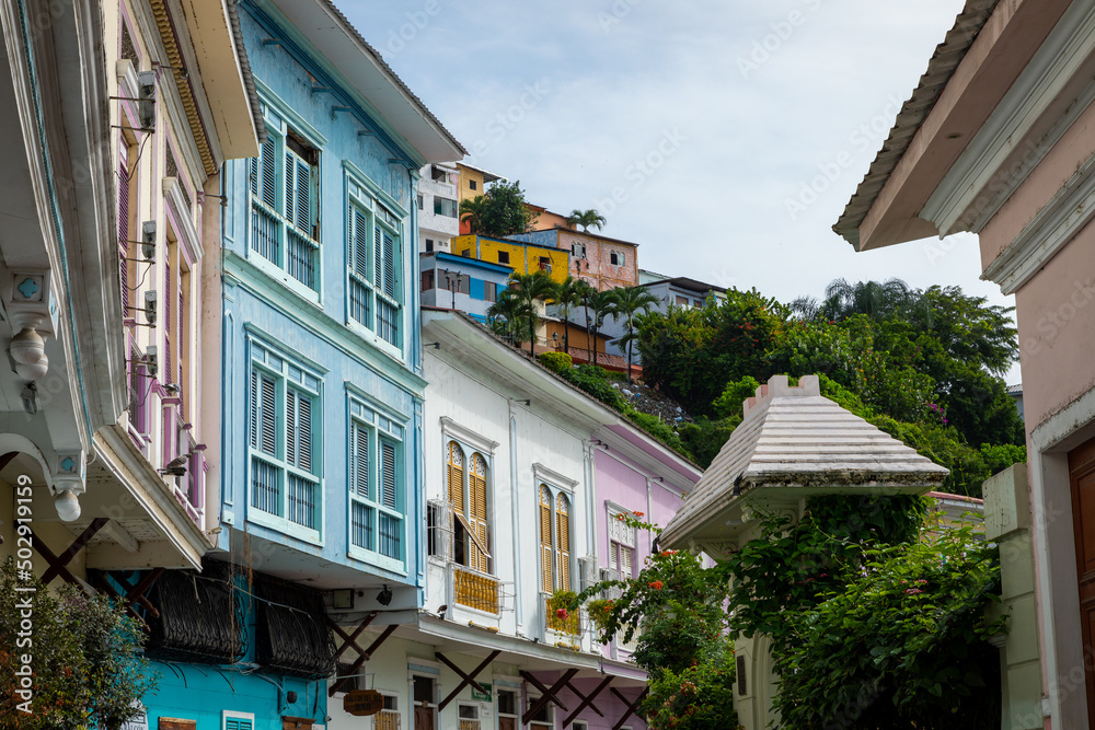 Fototapeta premium Guayaquil, Las Penas neighborhood on Santa Ana Hill. Traditional colonial architecture in second largest city in Ecuador. Popular tourist destination.