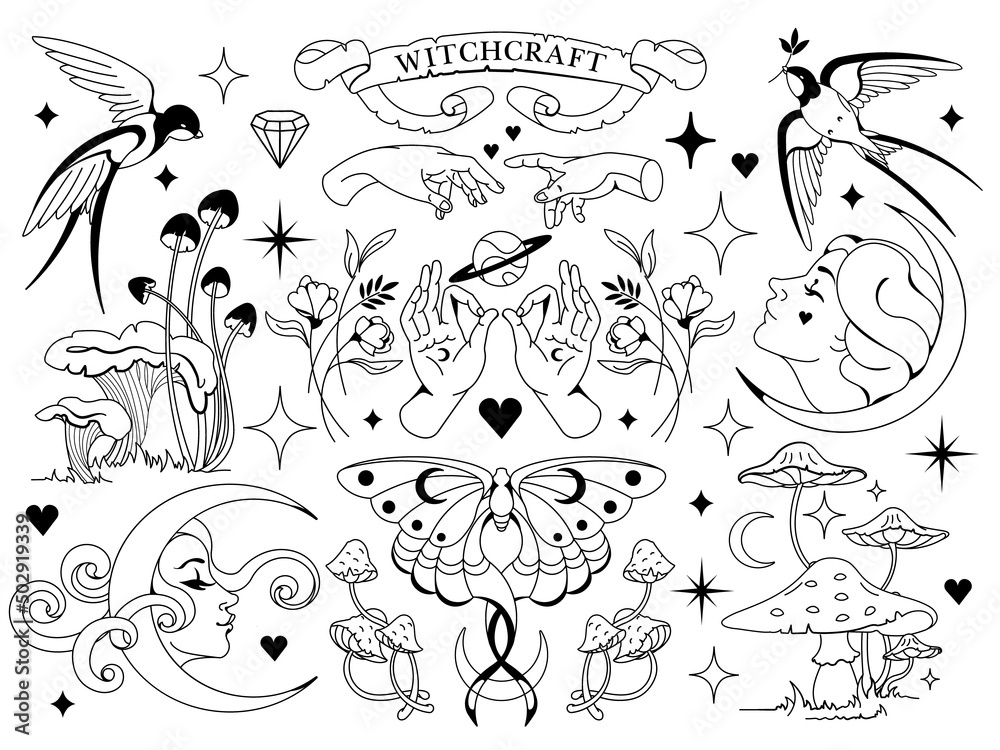 Vintage tattoo graphics: celestial crescent moon, mystery mushrooms,  florals, fairies. Witchcraft, magic silhouettes for witches and wizards.  Wicca and pagan sacred old tradition, hallucination prints Stock Vector |  Adobe Stock