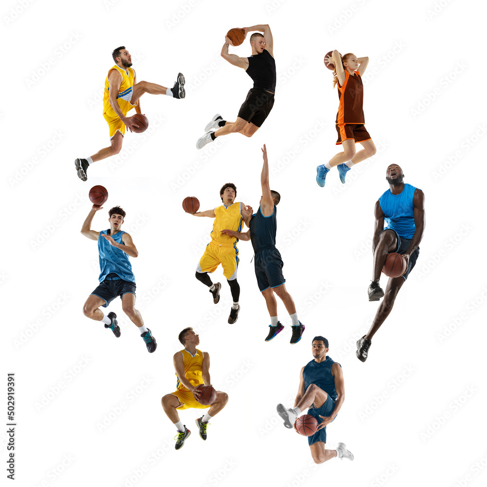 Collage made of images of male and female professional basketball players with ball in motion, action isolated on white studio background.