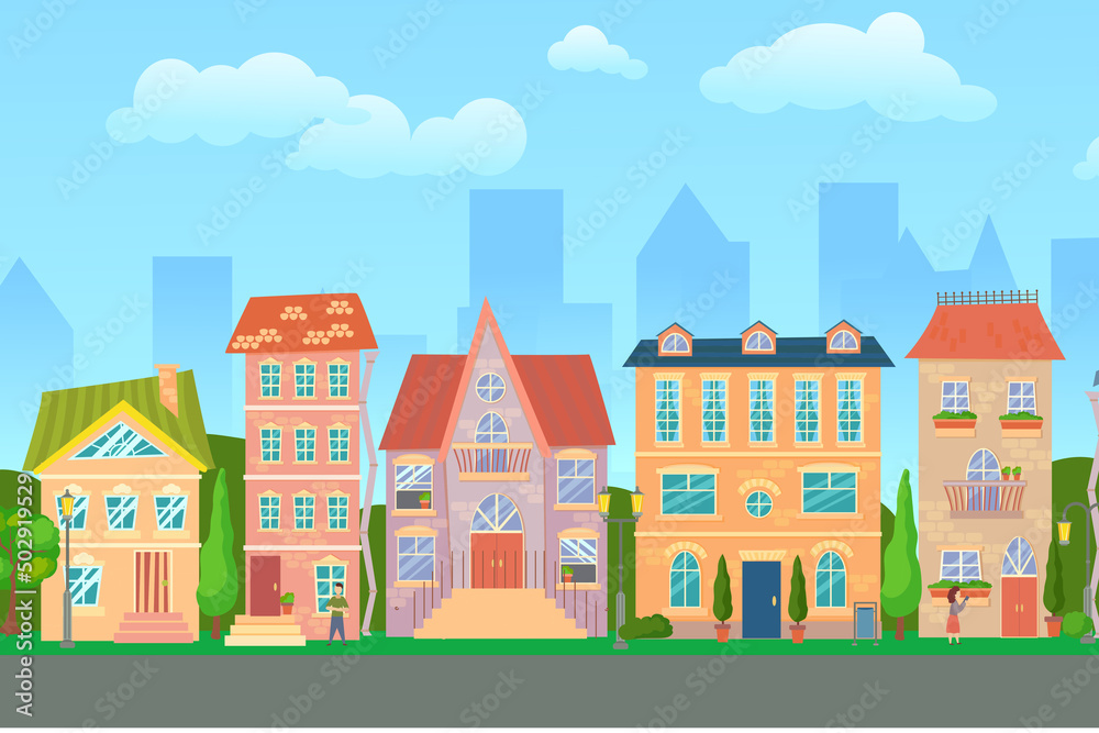 City street. Panoramic cityscape with bright houses, walking pedestrians. Shop and stores. Summer city. Vector illustration in cartoon style.