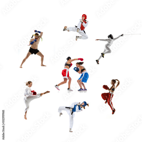 Collage made of portraits of male and female sportsmen. MMA fighter  boxers  and taekwondo fighters  swordsman or fencer. Sport competition concept