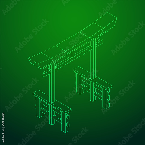 Torii sacred traditional gate. Symbol of Japan,shintoism religion. Japanese Tori arch ancient entrance. Wireframe low poly mesh vector illustration