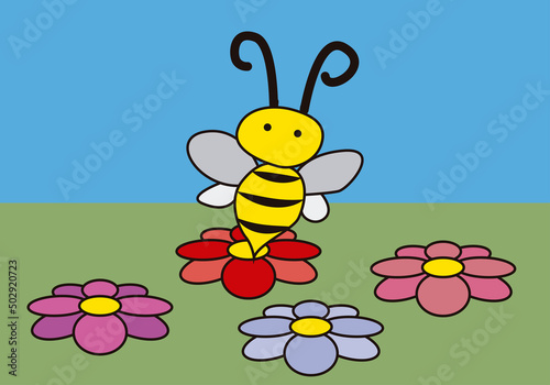 Dibujo de abeja volando por campo de flores.